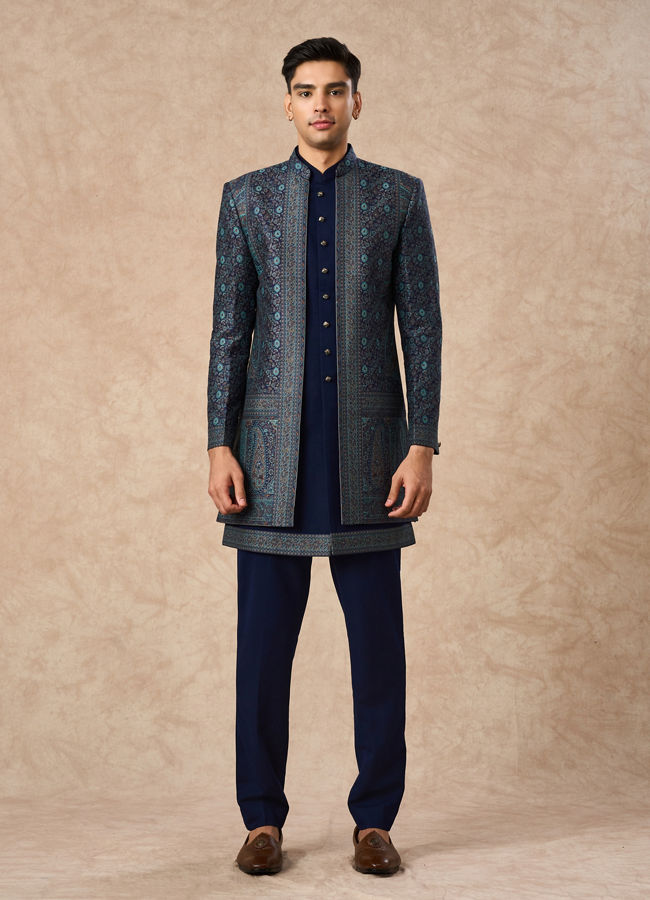 Manyavar Men Dark Blue Brocade Indo Western with Embroidery