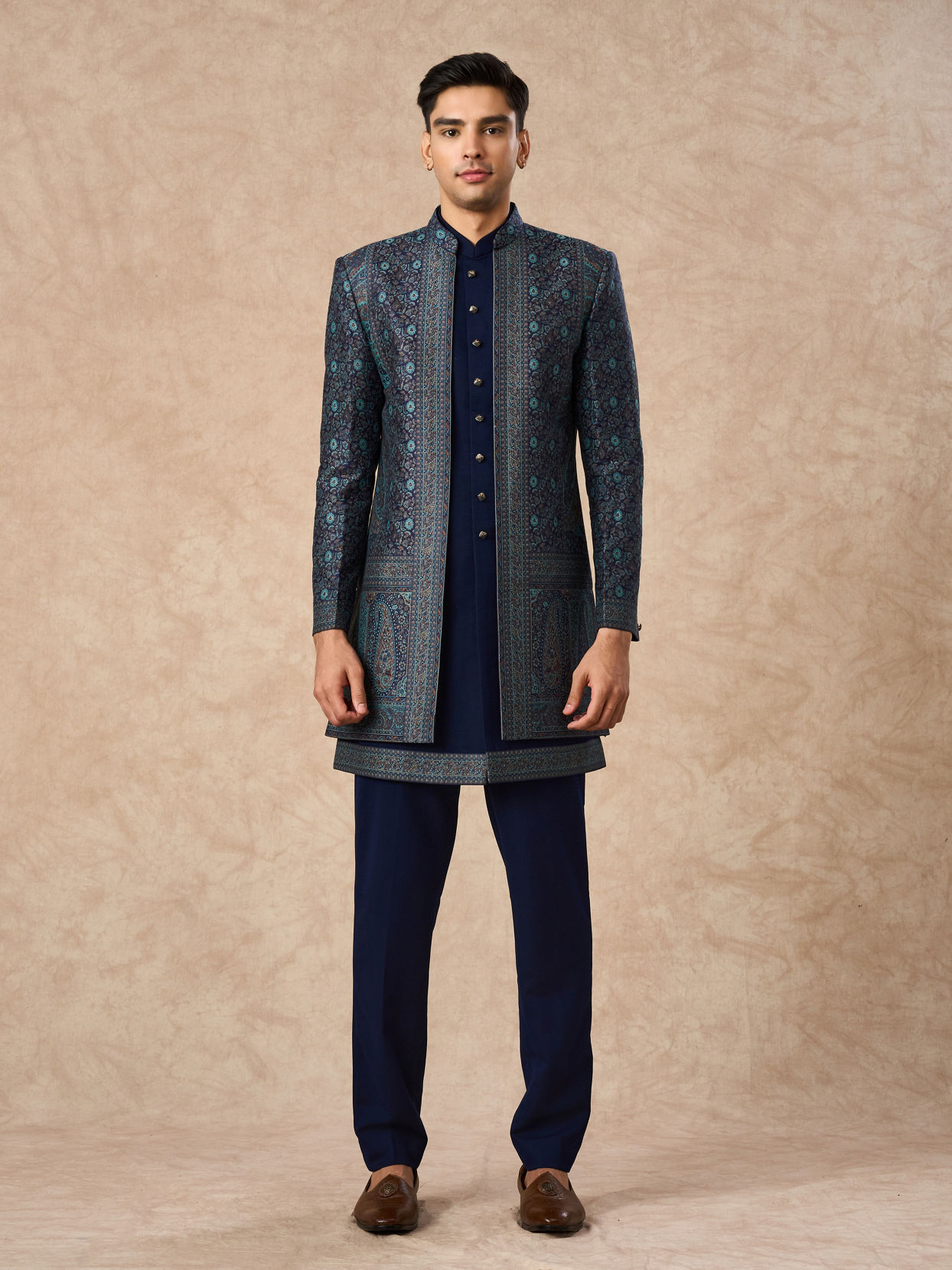 Manyavar Men Dark Blue Brocade Indo Western with Embroidery