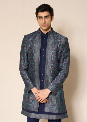Manyavar Men Dark Blue Brocade Indo Western with Embroidery