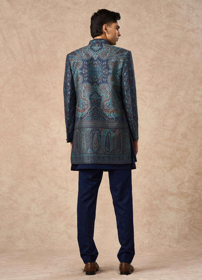 Manyavar Men Dark Blue Brocade Indo Western with Embroidery
