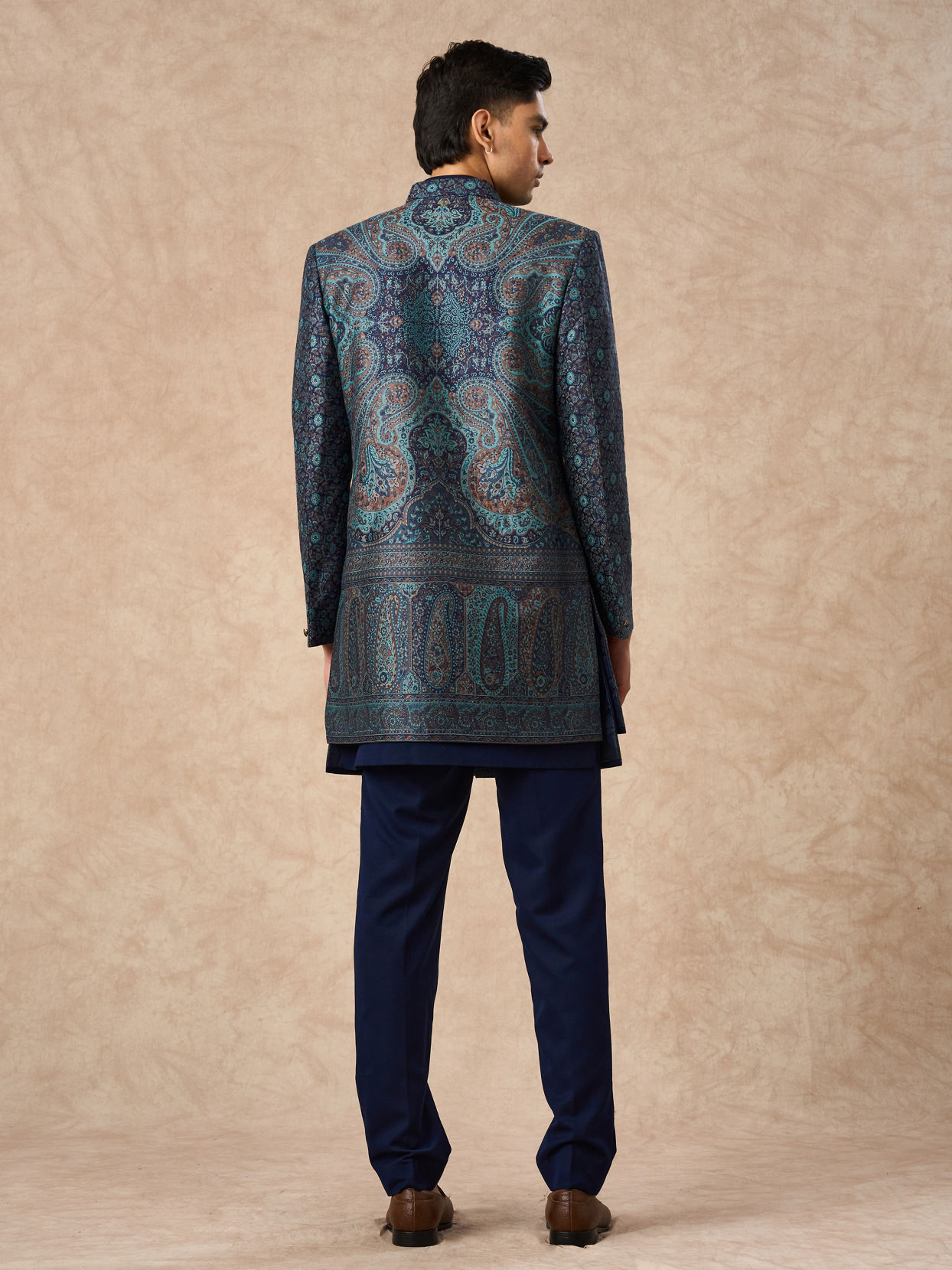 Manyavar Men Dark Blue Brocade Indo Western with Embroidery