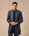 Manyavar Men Dark Blue Brocade Indo Western with Embroidery