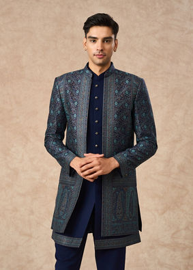 Manyavar Men Dark Blue Brocade Indo Western with Embroidery