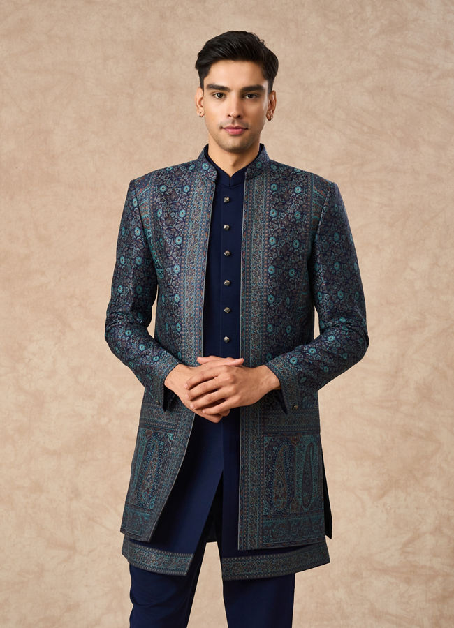 Manyavar Men Dark Blue Brocade Indo Western with Embroidery
