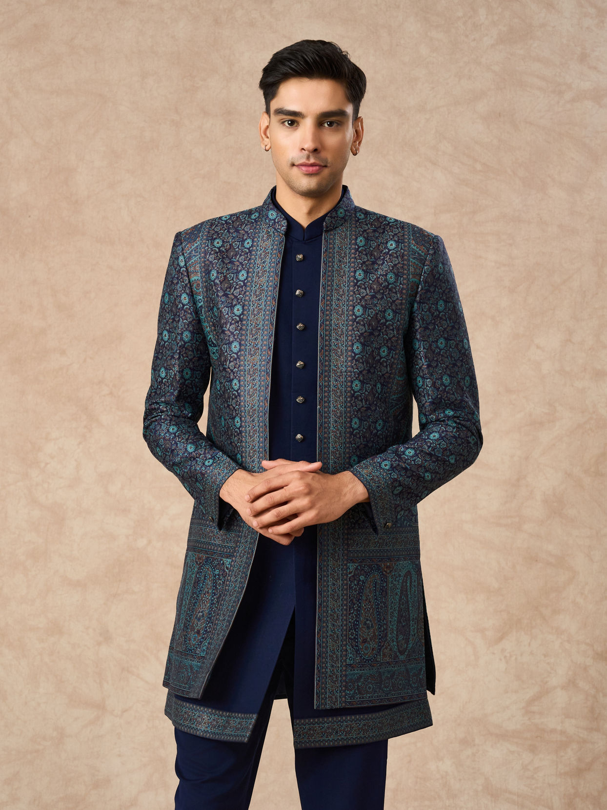 Manyavar Men Dark Blue Brocade Indo Western with Embroidery