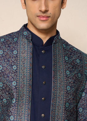 Manyavar Men Dark Blue Brocade Indo Western with Embroidery