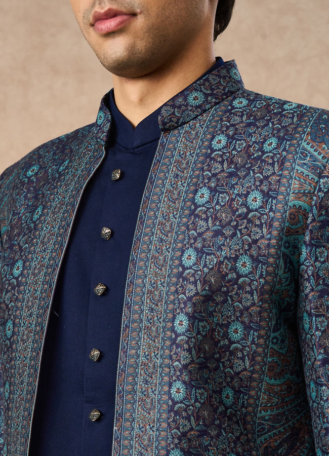 Manyavar Men Dark Blue Brocade Indo Western with Embroidery