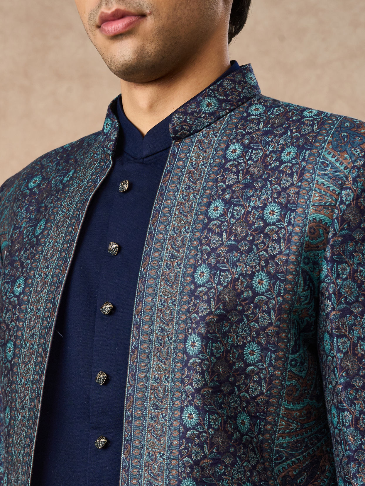 Manyavar Men Dark Blue Brocade Indo Western with Embroidery