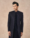 Manyavar Men Dark Blue Velvet Indo Western with Embroidery