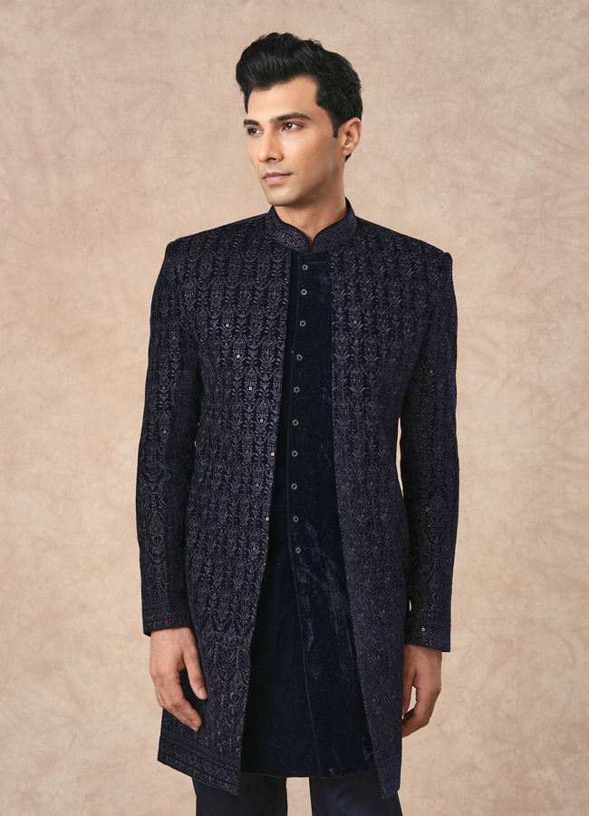 Manyavar Men Dark Blue Velvet Indo Western with Embroidery