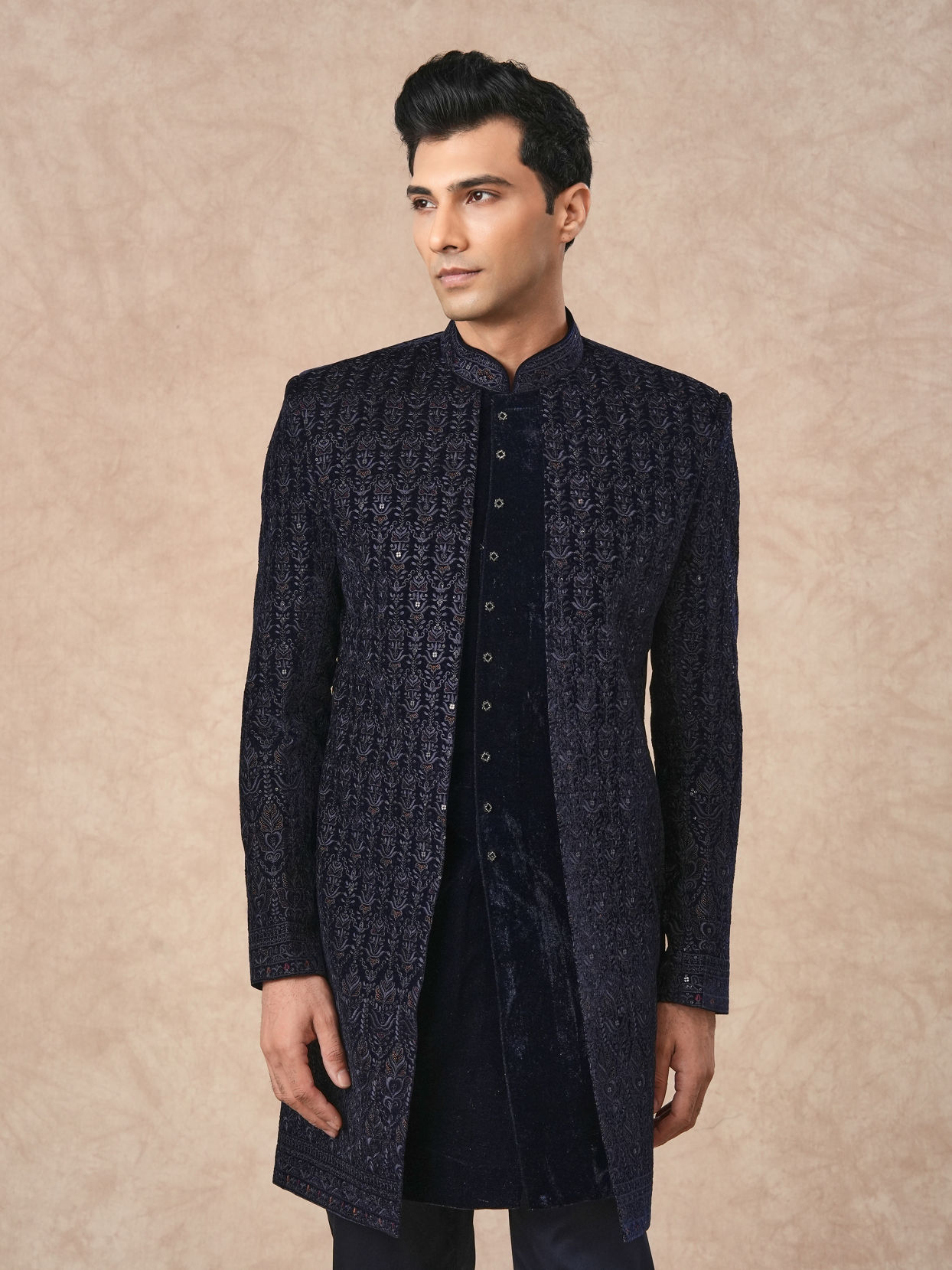 Manyavar Men Dark Blue Velvet Indo Western with Embroidery