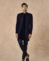 Manyavar Men Dark Blue Velvet Indo Western with Embroidery