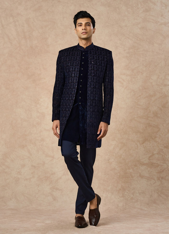 Manyavar Men Dark Blue Velvet Indo Western with Embroidery