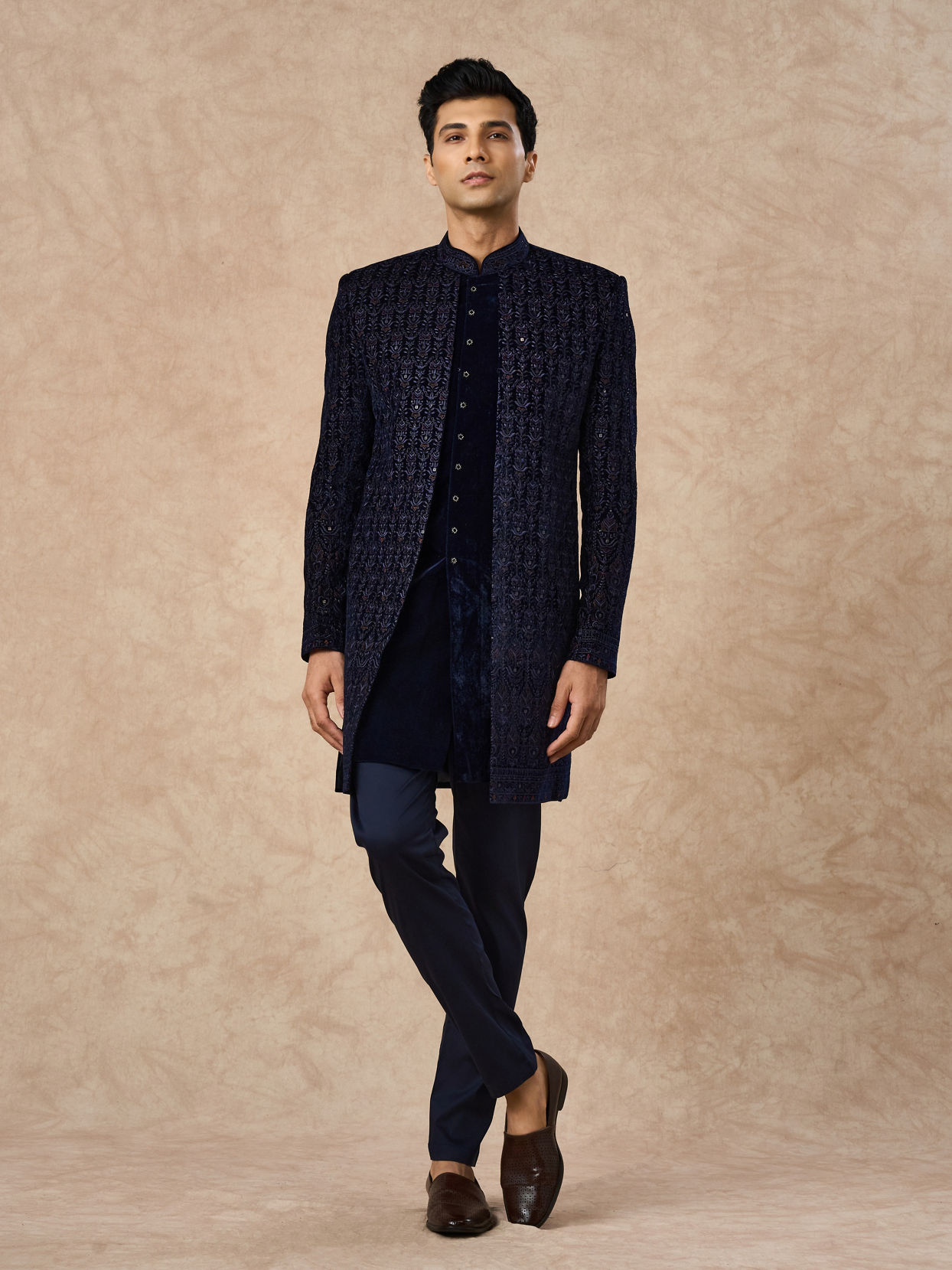 Manyavar Men Dark Blue Velvet Indo Western with Embroidery