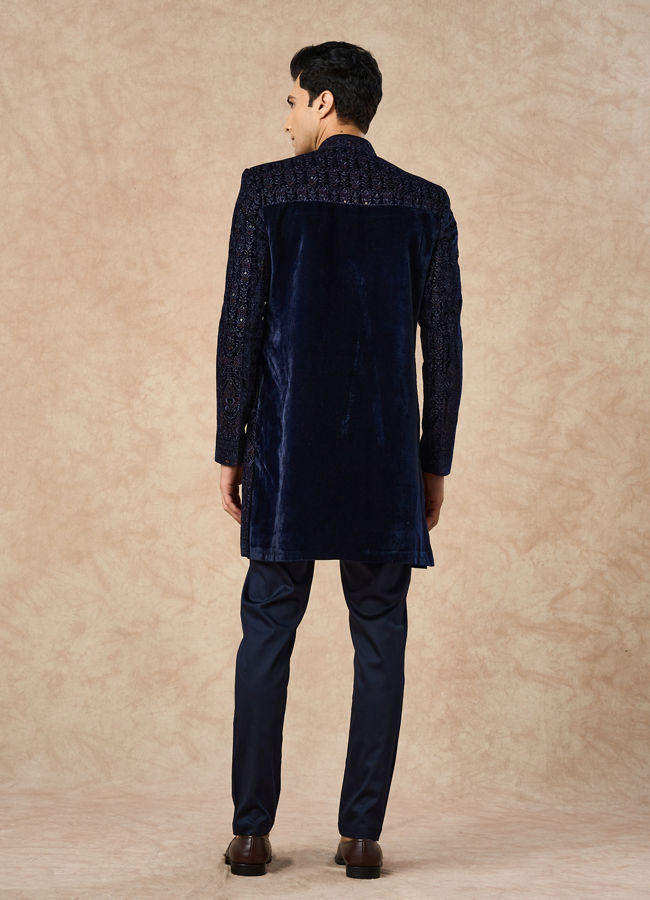 Manyavar Men Dark Blue Velvet Indo Western with Embroidery