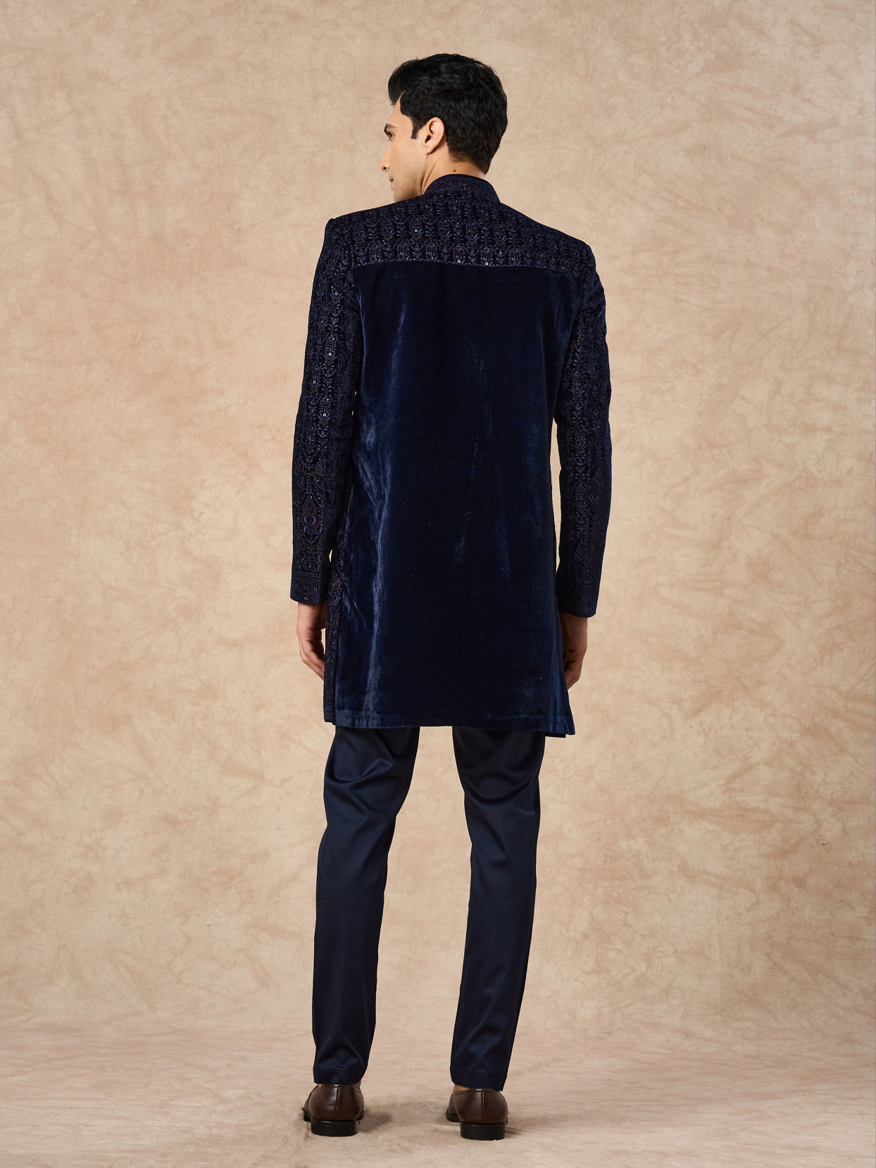 Manyavar Men Dark Blue Velvet Indo Western with Embroidery