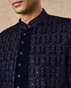 Manyavar Men Dark Blue Velvet Indo Western with Embroidery