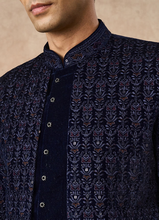 Manyavar Men Dark Blue Velvet Indo Western with Embroidery