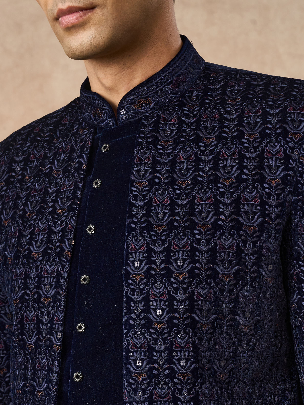 Manyavar Men Dark Blue Velvet Indo Western with Embroidery