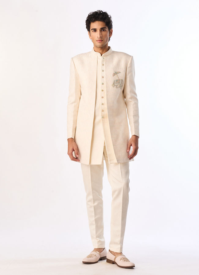 Manyavar Men Cream Brocade Indo Western with Elephant Embroidery