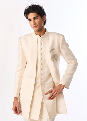 Manyavar Men Cream Brocade Indo Western with Elephant Embroidery