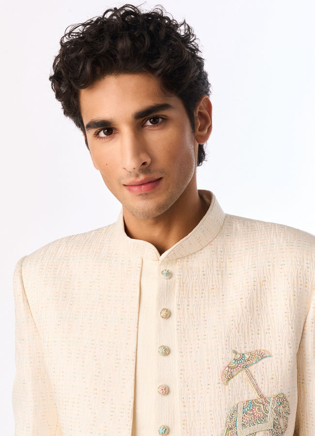 Manyavar Men Cream Brocade Indo Western with Elephant Embroidery