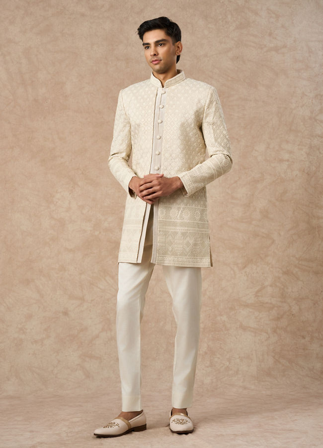 Manyavar Men Beige Tissue Indo-Western with Embroidery