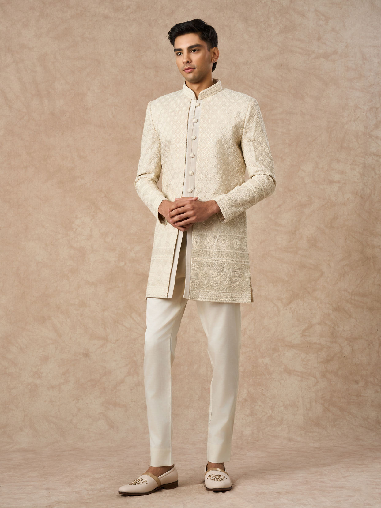 Manyavar Men Beige Tissue Indo-Western with Embroidery