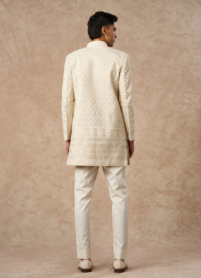 Manyavar Men Beige Tissue Indo-Western with Embroidery