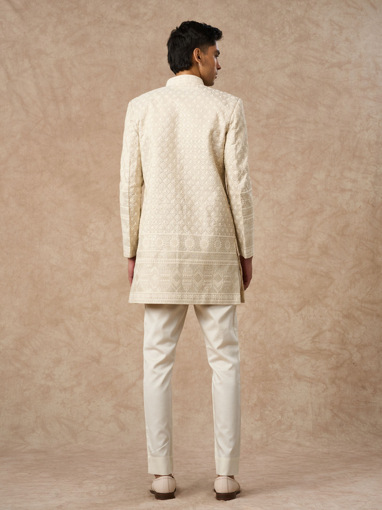 Manyavar Men Beige Tissue Indo-Western with Embroidery