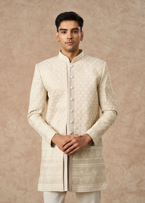 Manyavar Men Beige Tissue Indo-Western with Embroidery