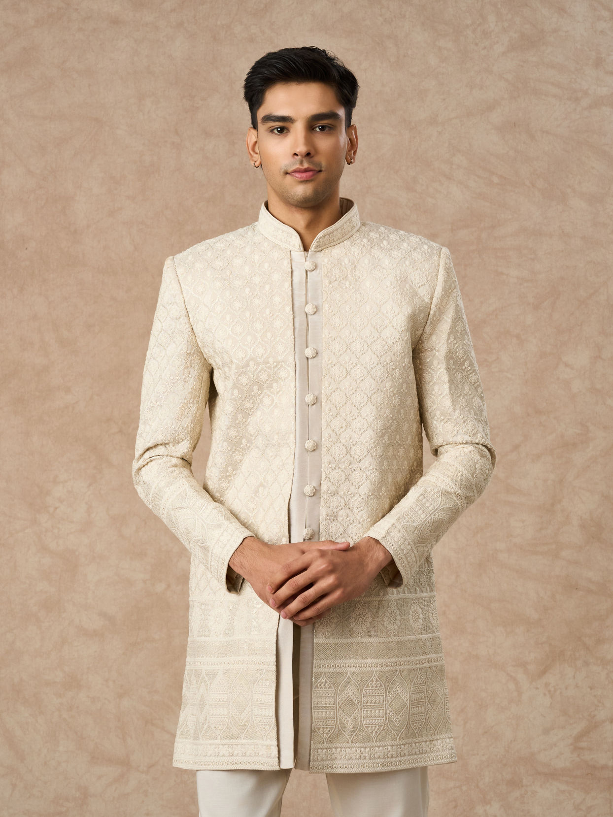 Manyavar Men Beige Tissue Indo-Western with Embroidery