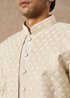 Manyavar Men Beige Tissue Indo-Western with Embroidery