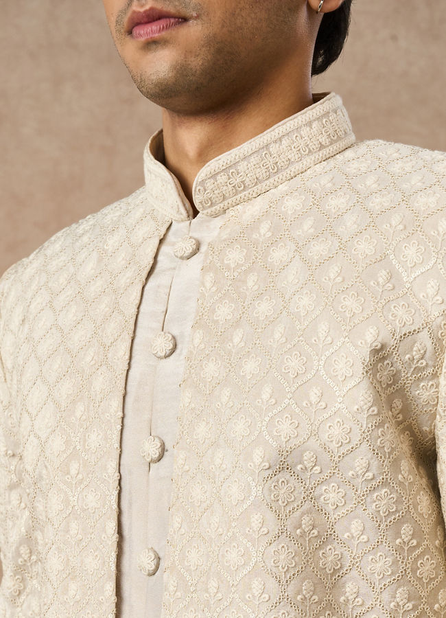 Manyavar Men Beige Tissue Indo-Western with Embroidery