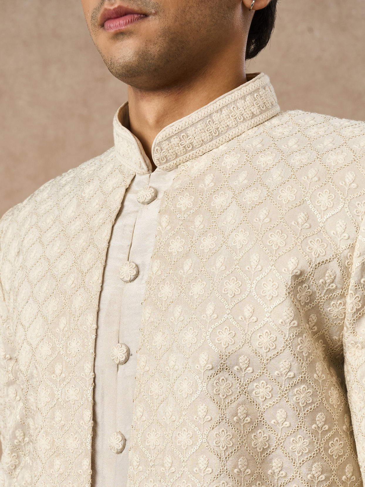 Manyavar Men Beige Tissue Indo-Western with Embroidery