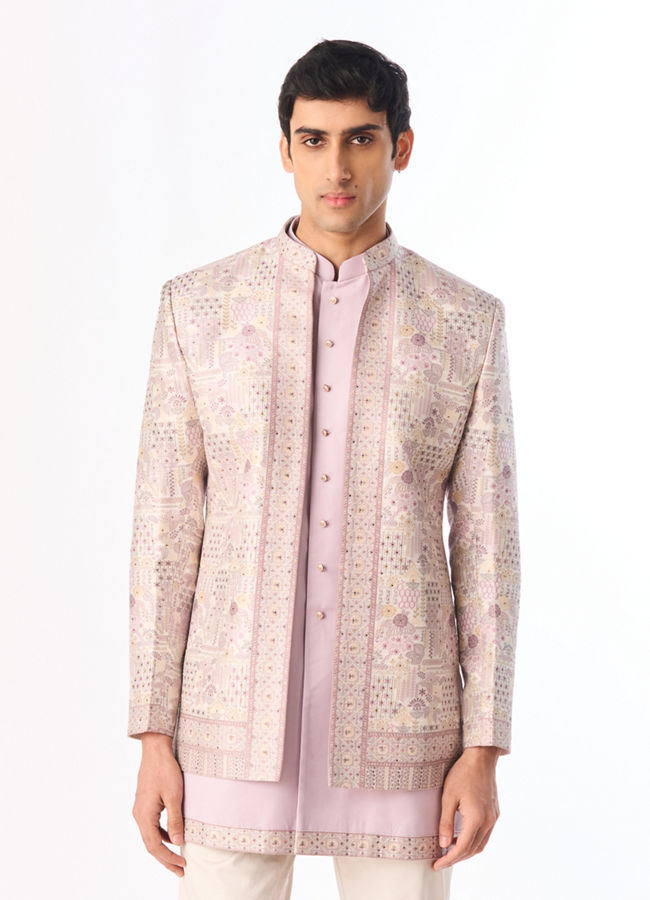 Manyavar Men Purple Brocade Indo Western with Embroidery
