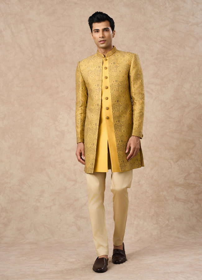 Manyavar Men Yellow Brocade Indo Western with Embroidery