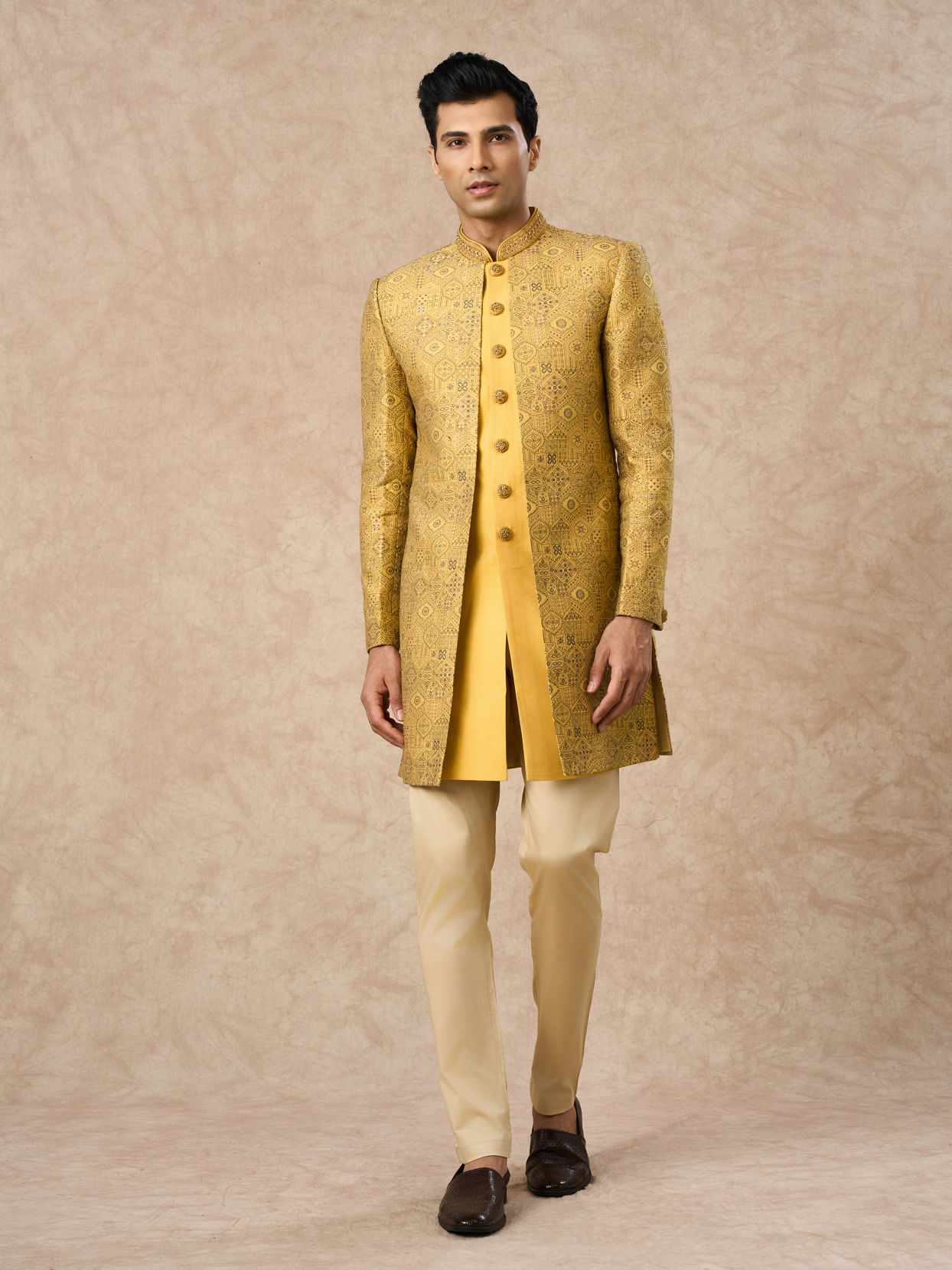 Manyavar Men Yellow Brocade Indo Western with Embroidery