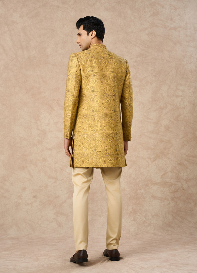 Manyavar Men Yellow Brocade Indo Western with Embroidery