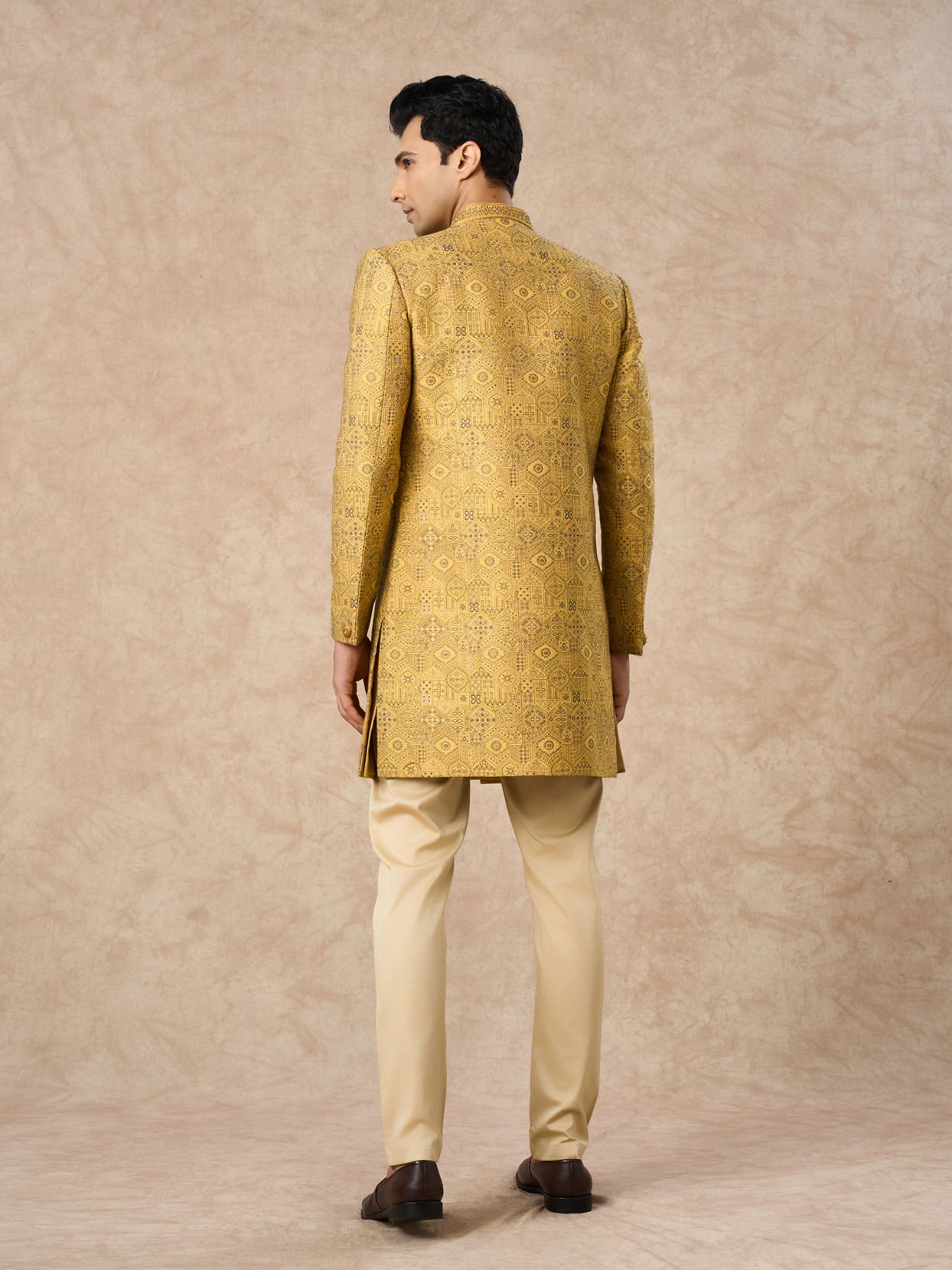 Manyavar Men Yellow Brocade Indo Western with Embroidery