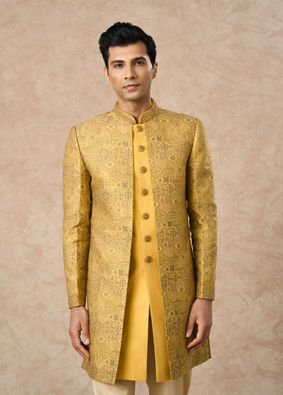Manyavar Men Yellow Brocade Indo Western with Embroidery