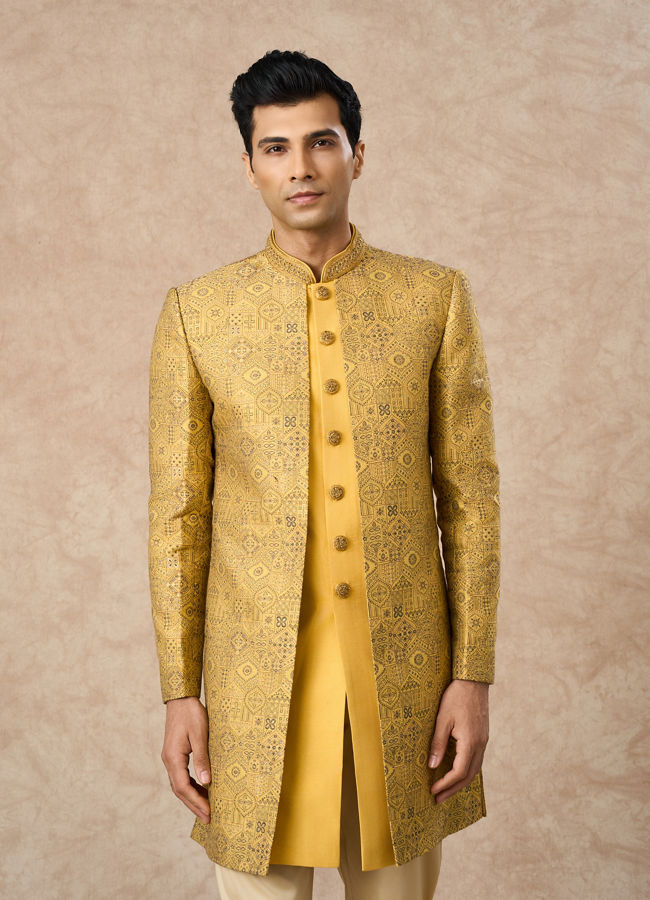 Manyavar Men Yellow Brocade Indo Western with Embroidery