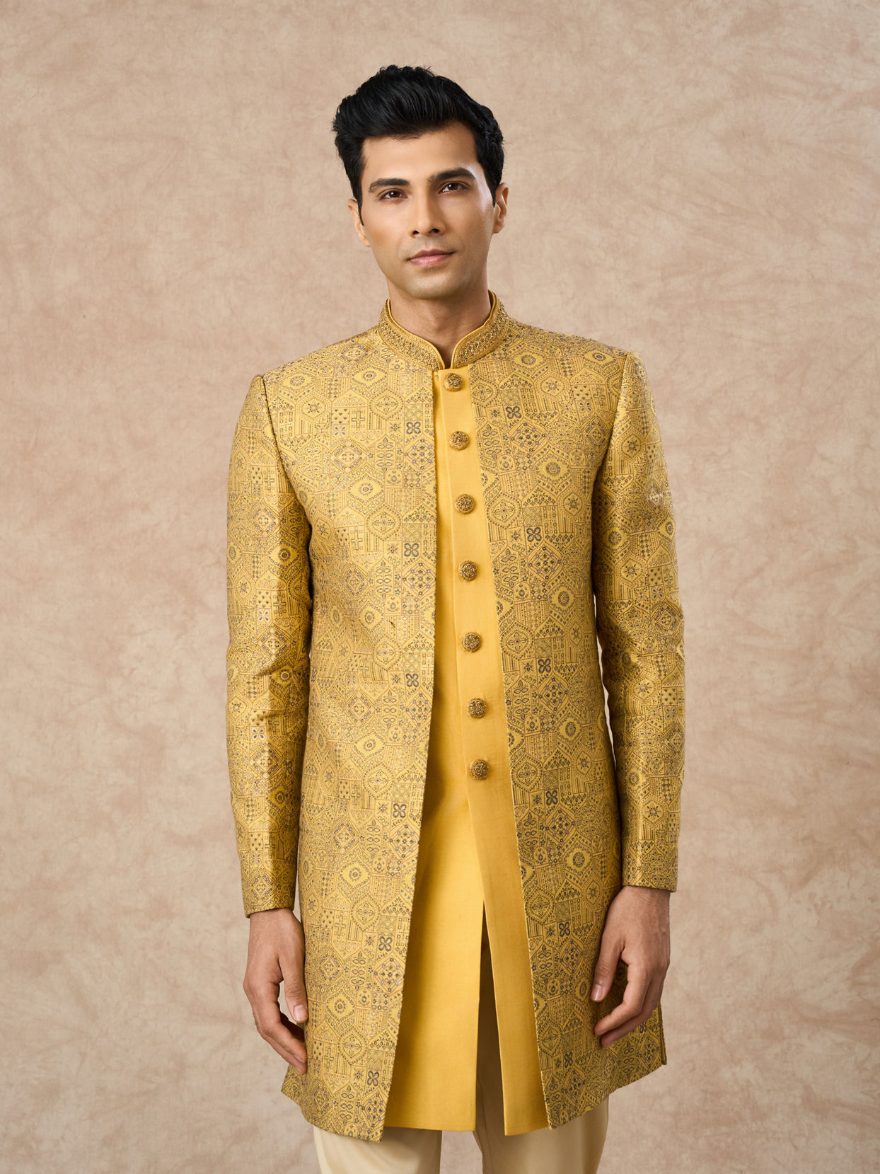 Manyavar Men Yellow Brocade Indo Western with Embroidery