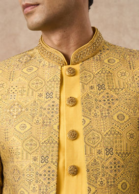 Manyavar Men Yellow Brocade Indo Western with Embroidery