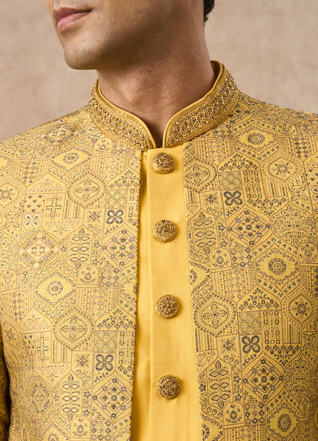 Manyavar Men Yellow Brocade Indo Western with Embroidery