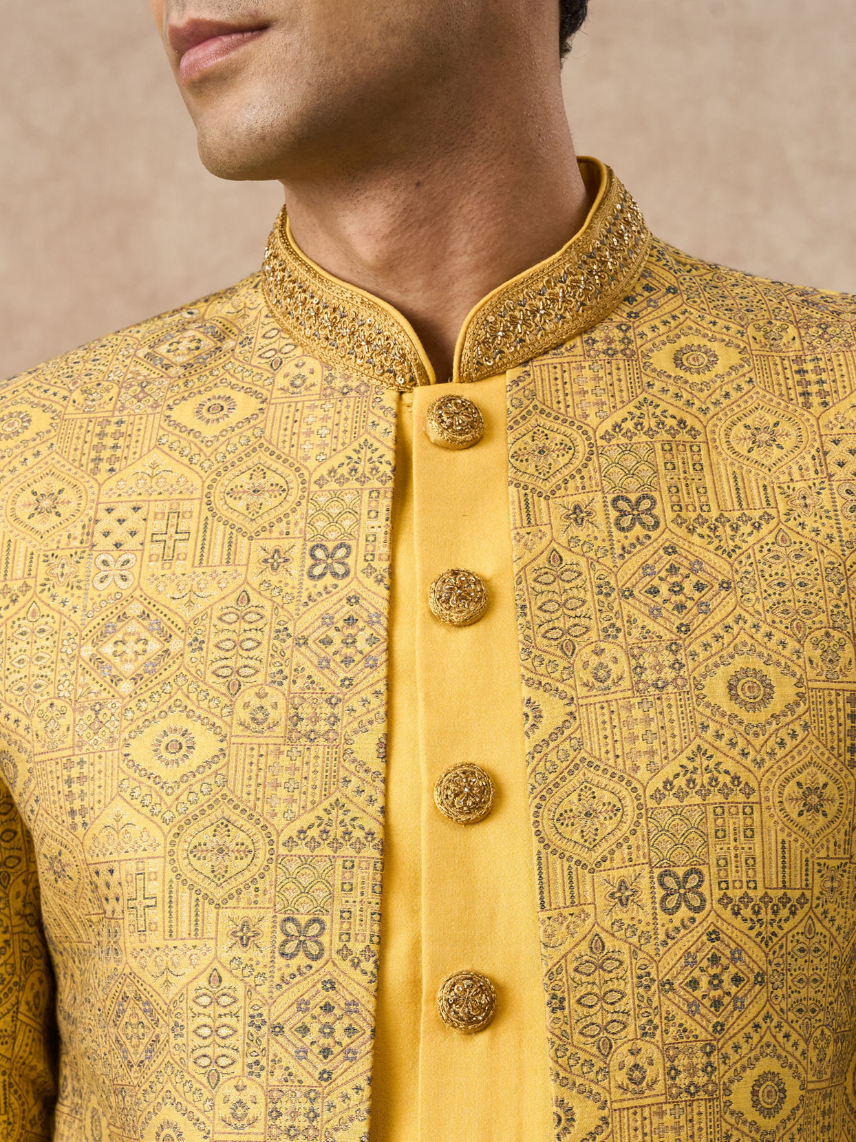 Manyavar Men Yellow Brocade Indo Western with Embroidery