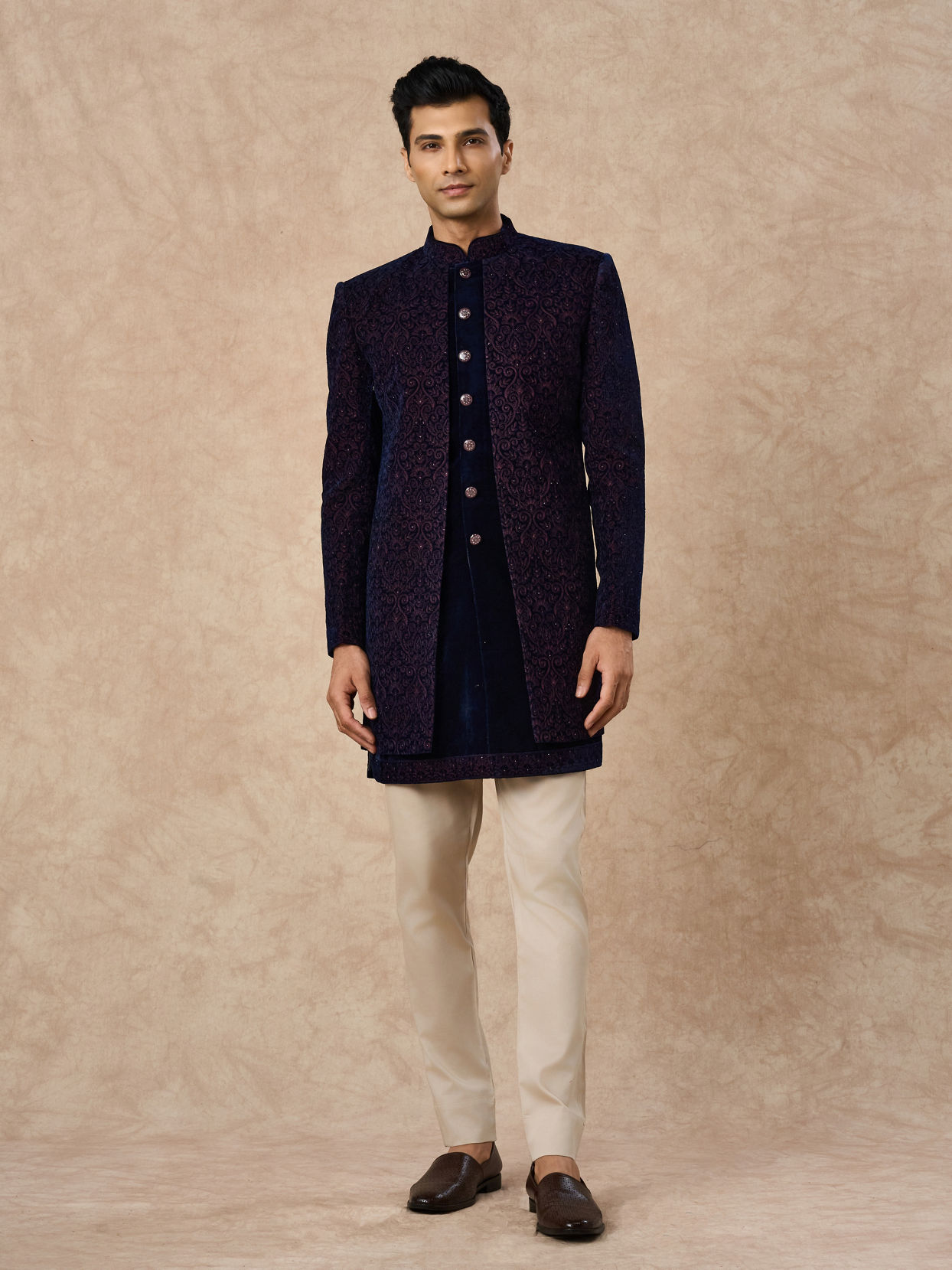 Manyavar Men Dark Blue Velvet Indo Western