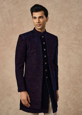 Manyavar Men Dark Blue Velvet Indo Western