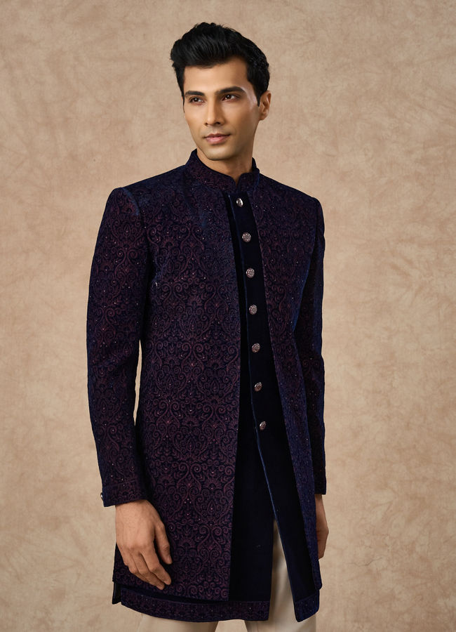 Manyavar Men Dark Blue Velvet Indo Western