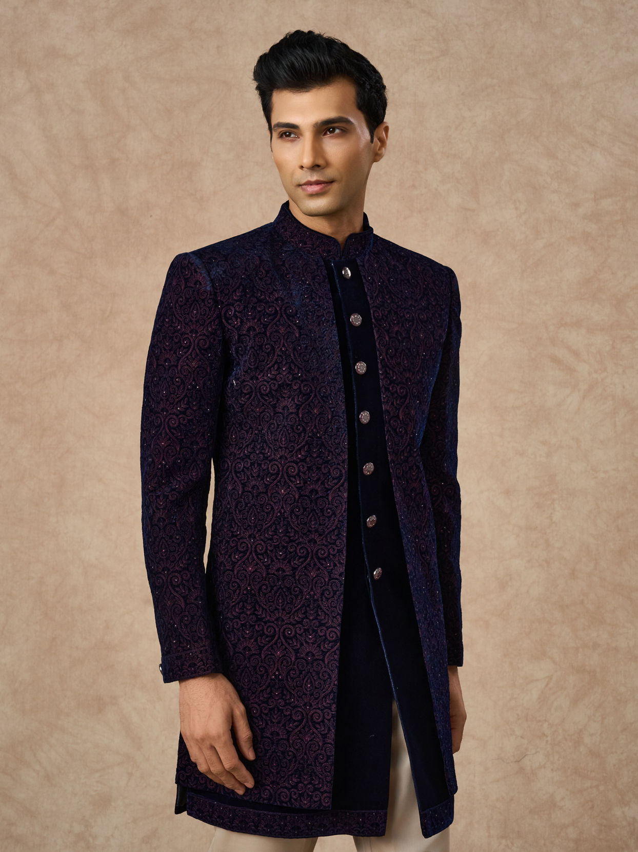 Manyavar Men Dark Blue Velvet Indo Western